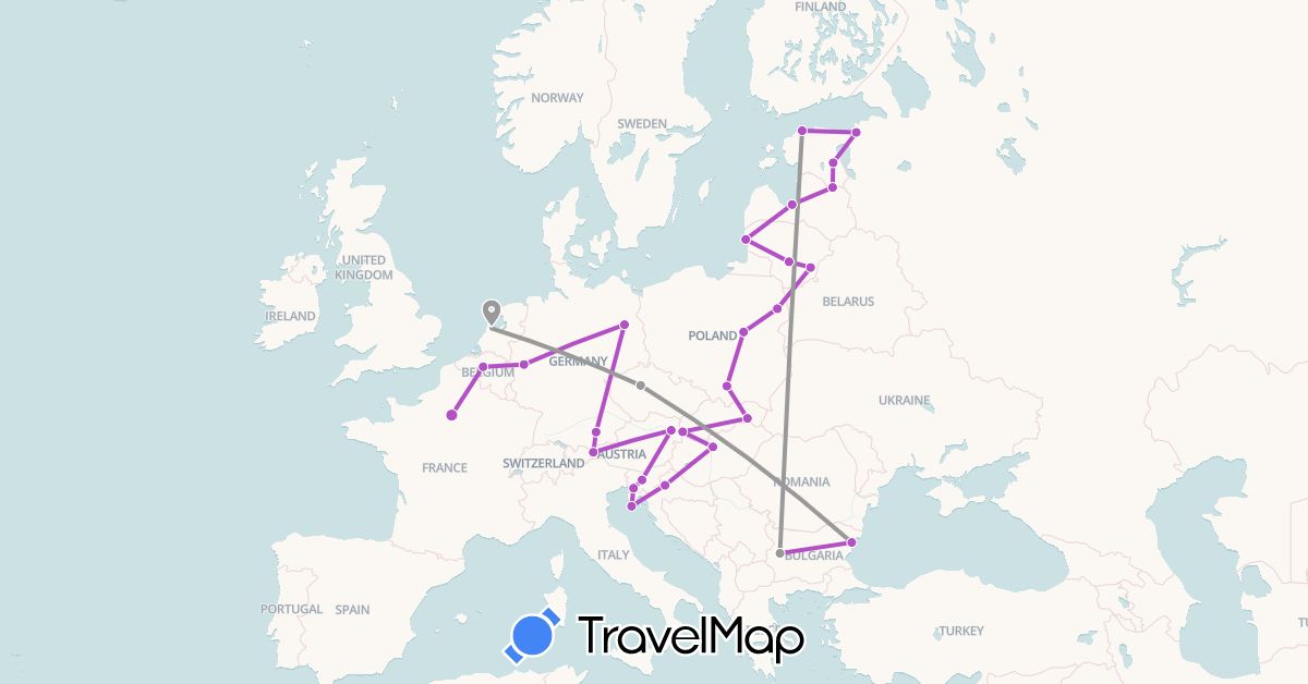 TravelMap itinerary: driving, plane, train in Austria, Belgium, Bulgaria, Czech Republic, Germany, Estonia, France, Croatia, Hungary, Lithuania, Latvia, Netherlands, Poland, Slovenia, Slovakia (Europe)